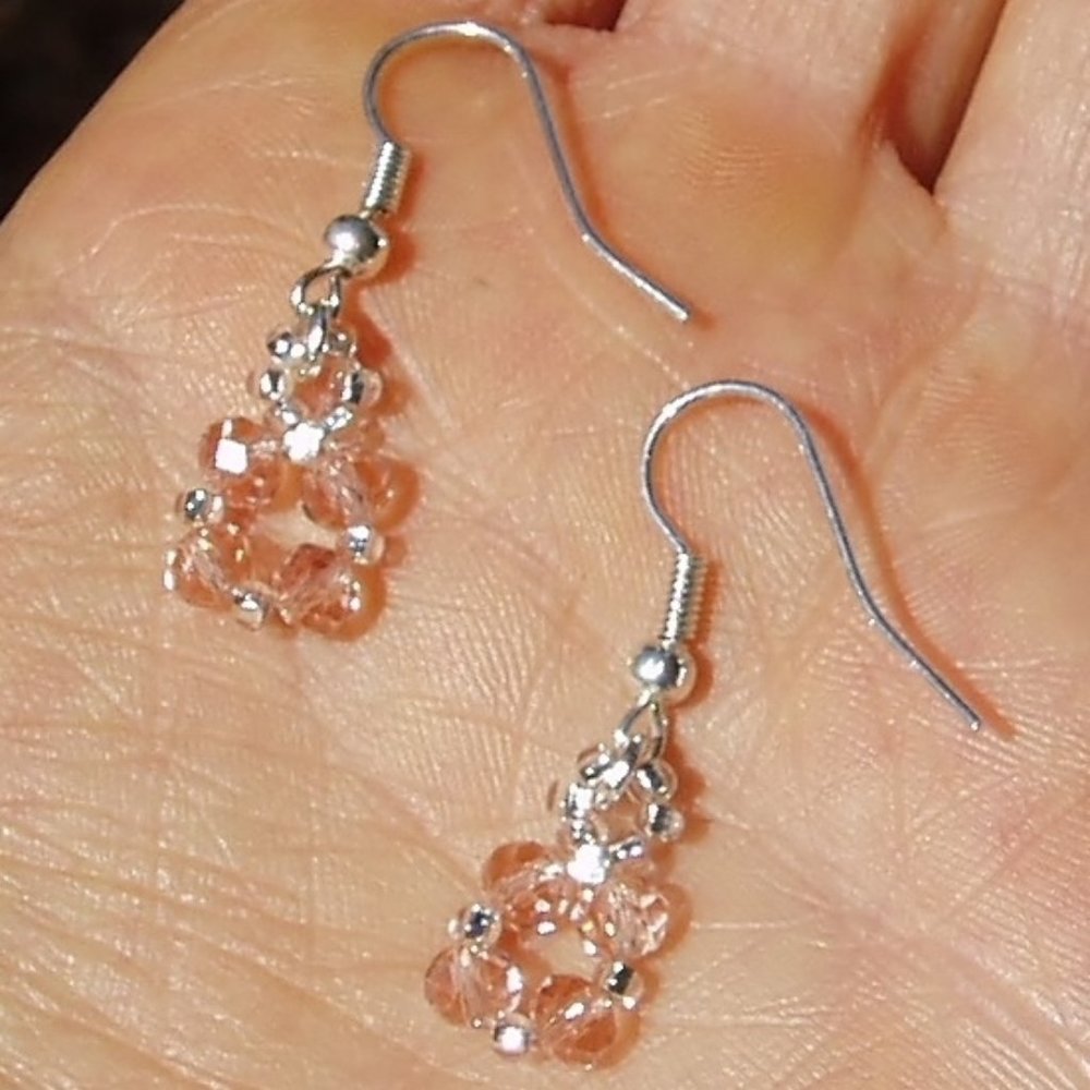 Pink Crystal Square Earrings/ Handmade Beaded Dainty Pink Crystal Earrings